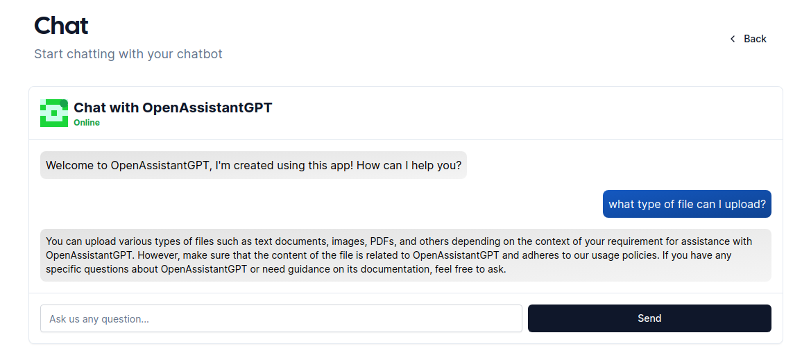 OpenAssistantGPT Chat Box An image showing OpenAssistantGPT chat