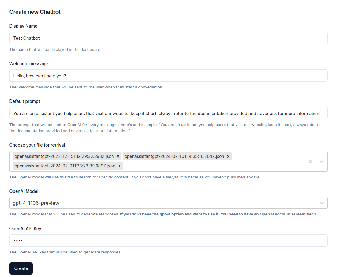 OpenAssistantGPT new chatbot form An image showing OpenAssistantGPT new chatbot form